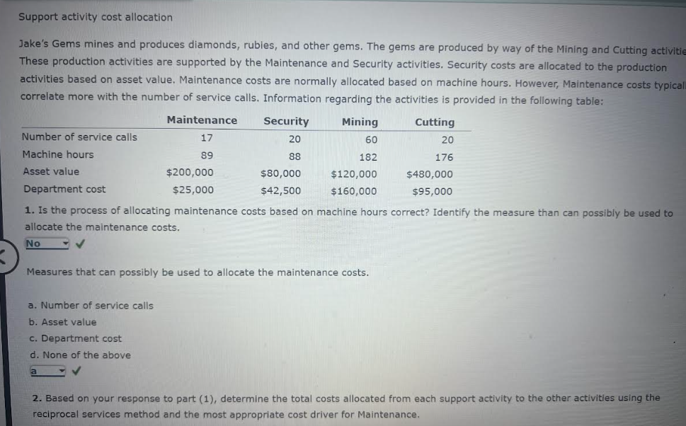 Please answer blanks and wrong answers: Support activity cost allocation Jake's Gems