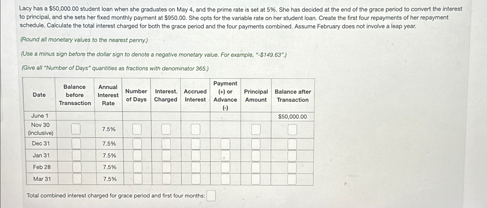  Lacy has a $50,000.00 student loan when she graduates on May
