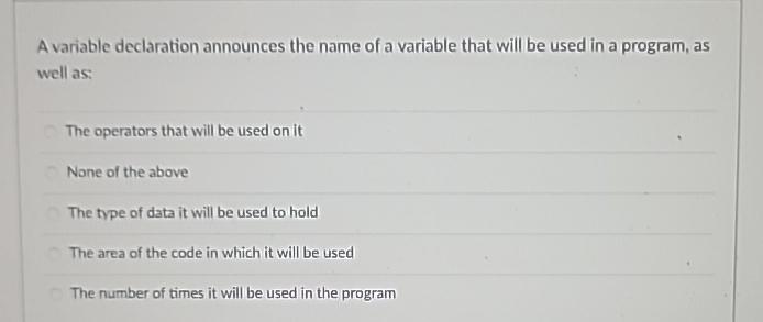  A variable declaration announces the name of a variable that will