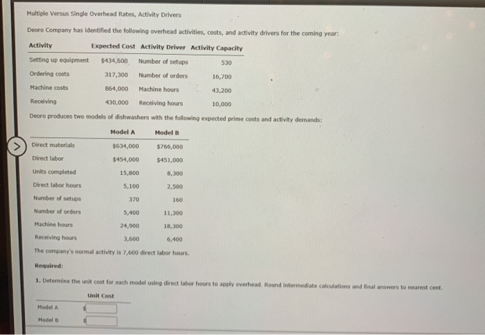  Multiple Versus Single Overhead Rates, Activity Drivers Deore Company has identified
