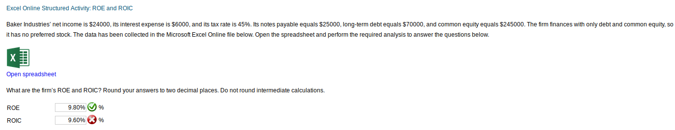 Excel Online Structured Activity: ROE and ROIC Baker Industries' net income