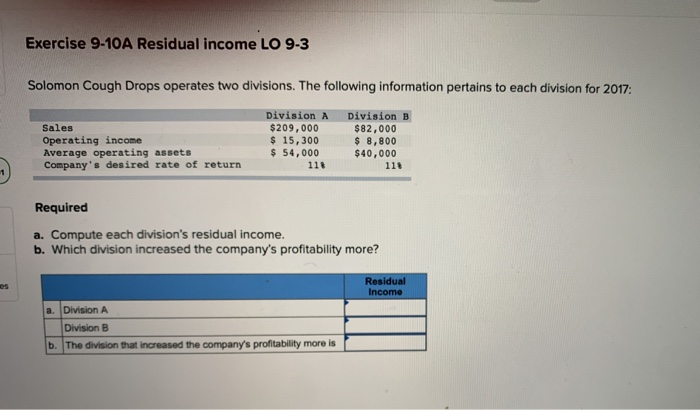 chapter 12 Group work please help Exercise 9-10A Residual income LO 9-3