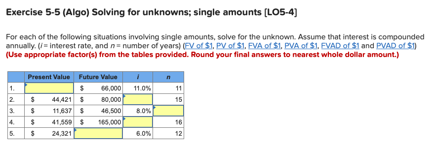  Exercise 5-5 (Algo) Solving for unknowns; single amounts (LO5-4] For each