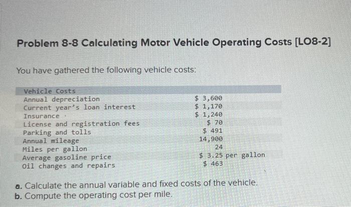 Problem 8-8 Problem 8-8 Calculating Motor Vehicle Operating Costs [LO8-2] You have