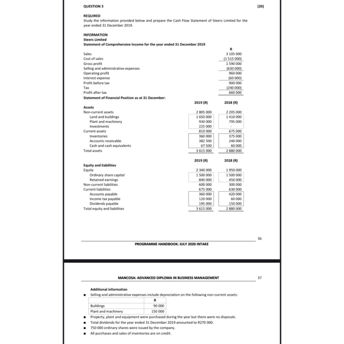  QUESTION 3 (20) REQUIRED Study the information provided below and prepare