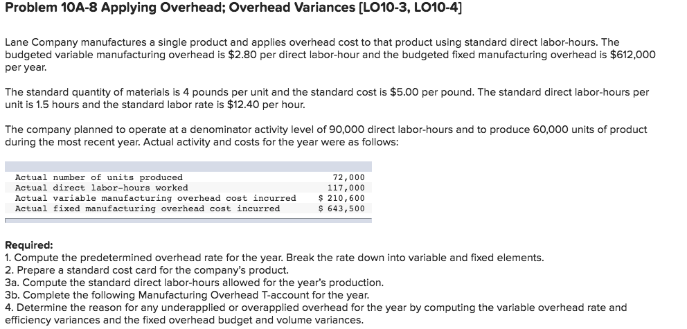 Please help Problem 10A-8 Applying Overhead; Overhead Variances [L010-3, L010-4] Lane Company