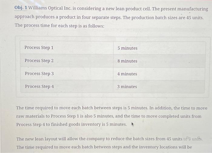  Obj. 1 Williams Optical Inc. is considering a new lean product