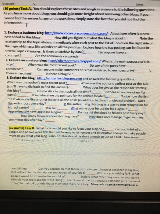  Paragraph Styles (30 points) Task A. You should explore these sites