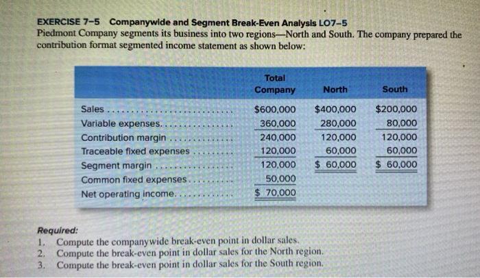 show your solution EXERCISE 7-5 Companywide and Segment Break-Even Analysis LO7-5 Piedmont