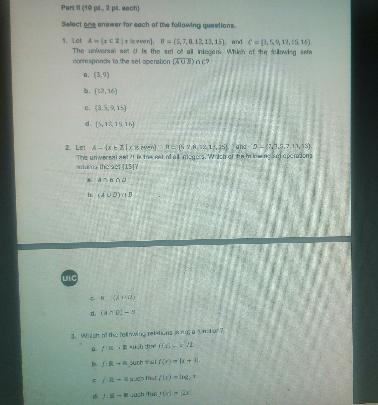  Part l (10 pt, 2 pt. each) Select one answer for