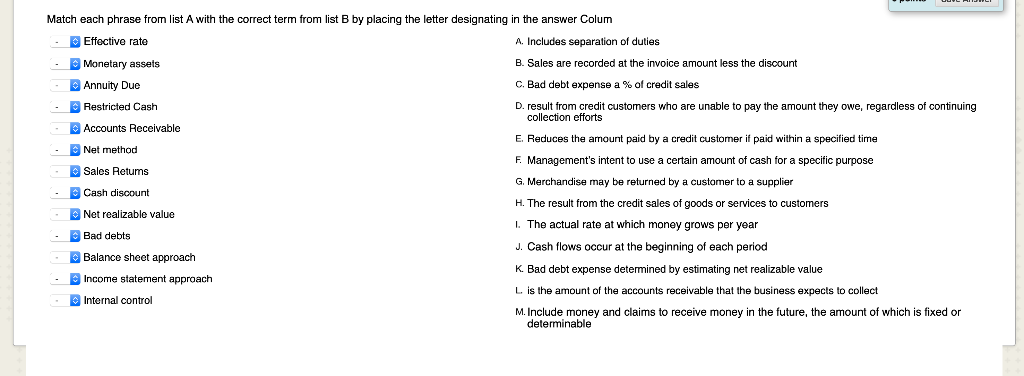  Match each phrase from list A with the correct term from