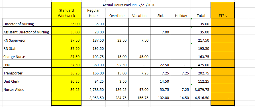 \begin{tabular}{|c|c|c|c|c|c|c|c|c|} \hline & \multirow{3}{*}{\begin{tabular}{c} Standard \\ Workweek \end{tabular}} & \multicolumn{4}{|c|}{ Actual