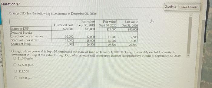  Question 17 2 points Save Answer Orange LID has the following
