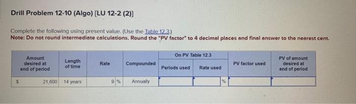  Complete the following using present value. (Use the Iable 12.3) Note: