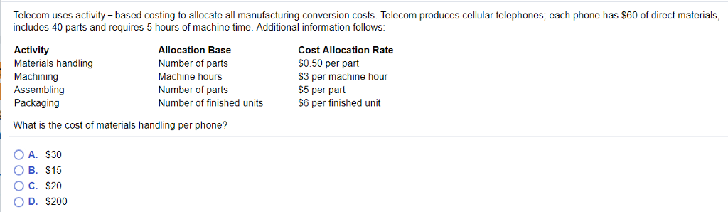 Telecom uses activity - based costing to allocate all manufacturing conversion
