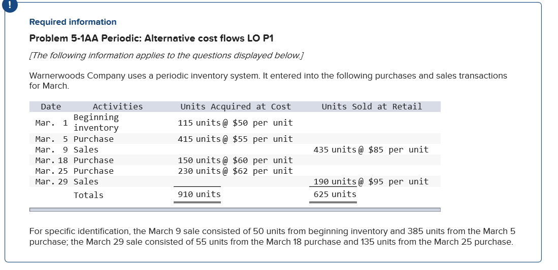 Required information Problem 5-1AA Periodic: Alternative cost flows LO P1 [The
