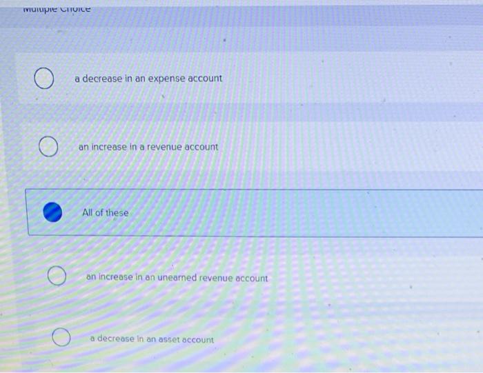 an expense account an increase in a revenue account All of these