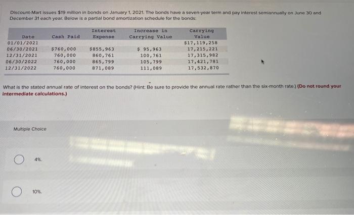  Multiple Choice: 4% 10% 8% 9% Discount-Mart Issues $19 milion in