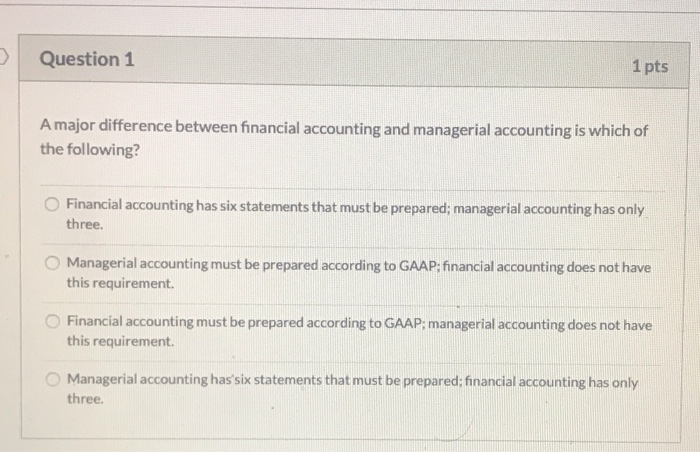  Question 1 1 pts A major difference between financial accounting and