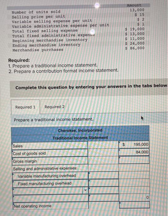  Required: 1. Prepare a traditional income statement. 2. Prepare a contribution