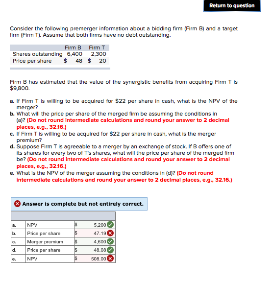 Return to question Consider the following premerger information about a bidding