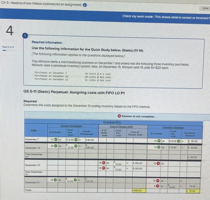  Required Intormation Use the following information for the Quick Study below.