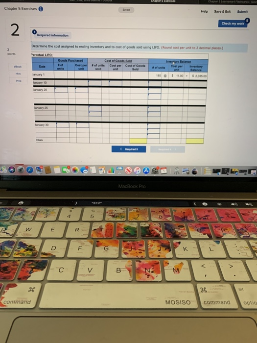 inventory 185 unitat $11.00 - $2,035 Jan. 10 Sales 145 units. 520.00