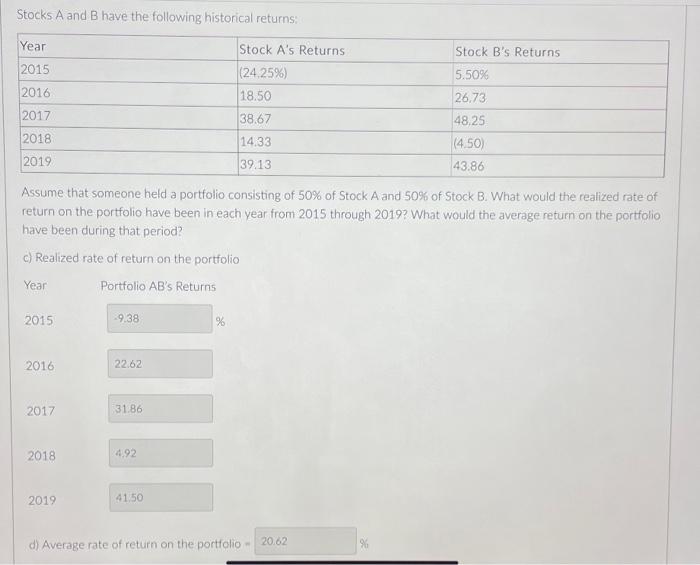  Stocks A and B have the following historical returns: Year Stock