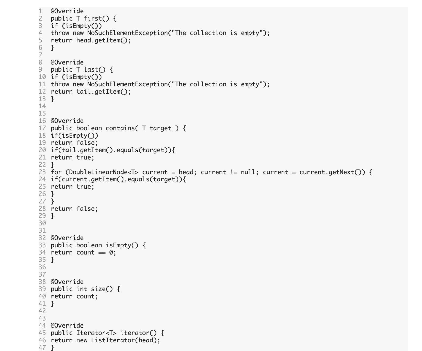 current = current.getNext()) \{ 53 sb.append(current.getItem()).append(' '); 54} 55 return sb.toString(); 56}