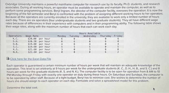  please solve using excel solver Oxbridge University maintains a powerful mainframe