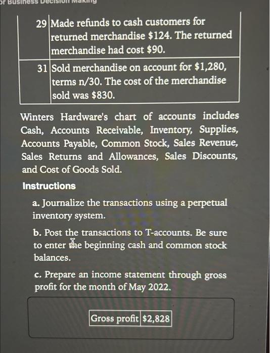 At the beginning of May, Winters' ledger showed Cash of $8,000 and