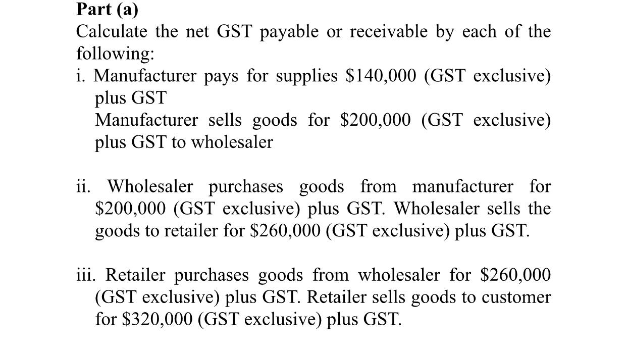 GST rate = 15% GST rate = 15% Part (a) Calculate the