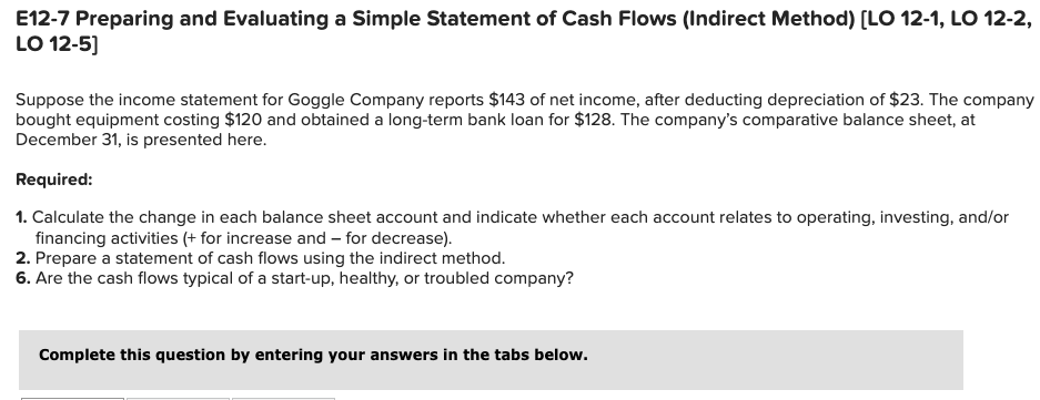  E12-7 Preparing and Evaluating a Simple Statement of Cash Flows (Indirect
