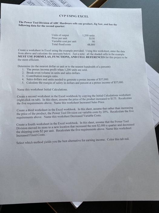  ES mato ud O CVP USING EXCEL The Power Tool Division