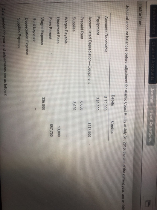  Journal Final Questions Instructions Selected account balances before adjustment for Alantic