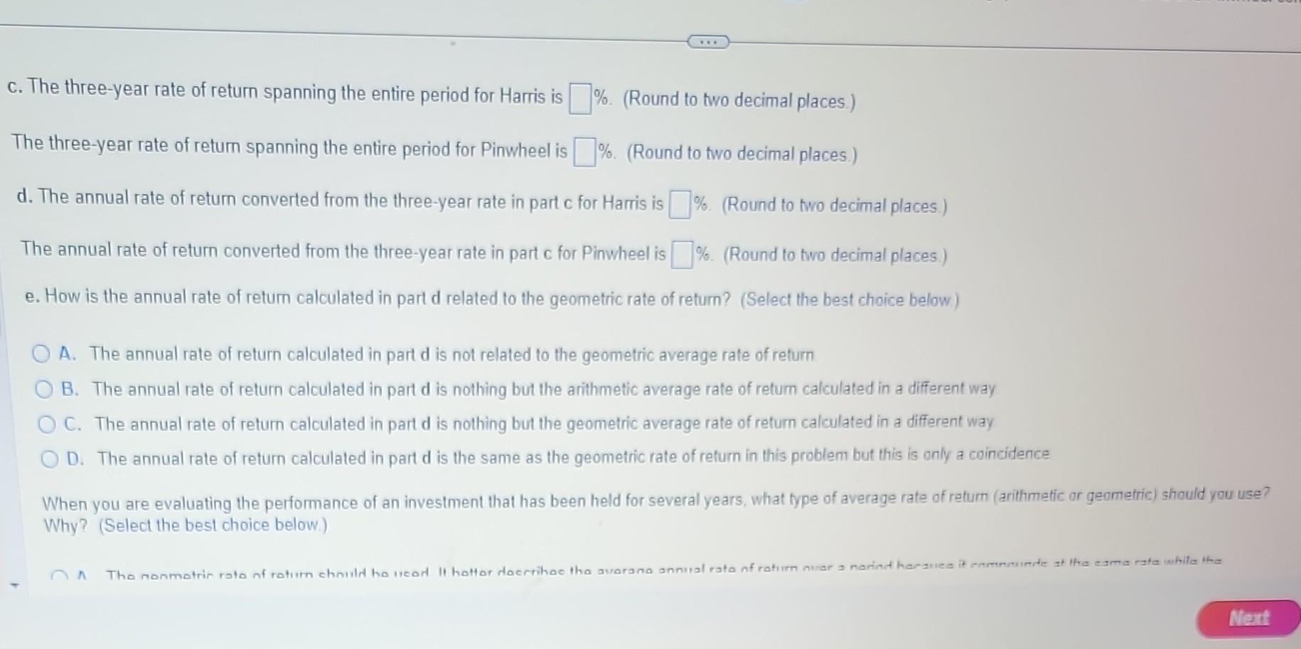 c. Compute a three-year rate of return spanning the entire period (i.e.,