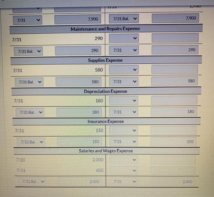 3600 290 Maintenance and Repairs Expense 580 Supplies Expense 180 Depreciation Expense