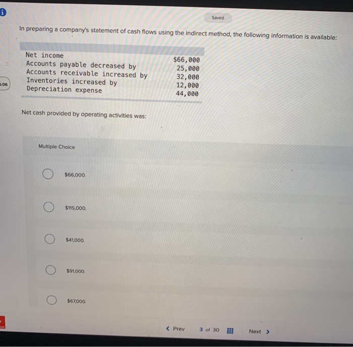  Saved In preparing a company's statement of cash flows using the