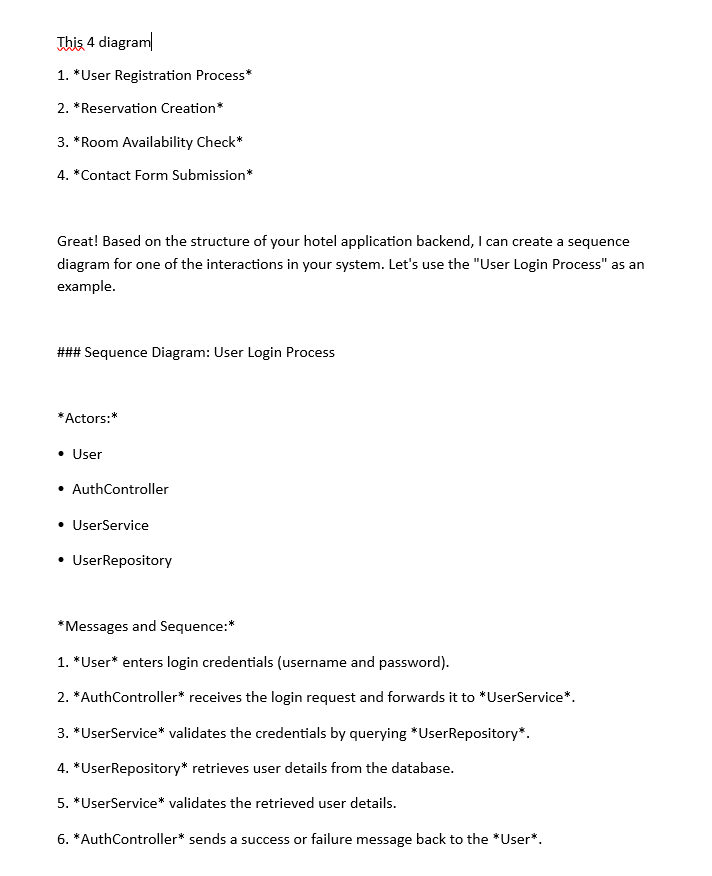  Hotel UML Sequence Diagram containing this 4 elements in it: .User