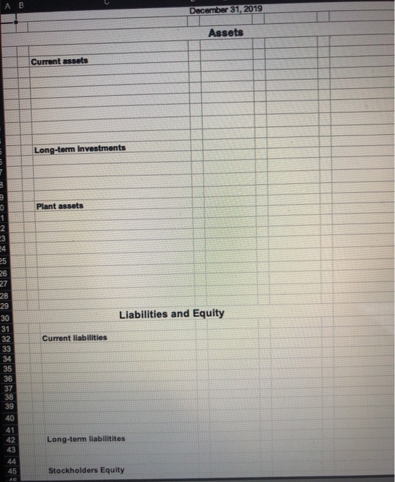  create balance sheet A B December 31, 2019 Assets Current assets
