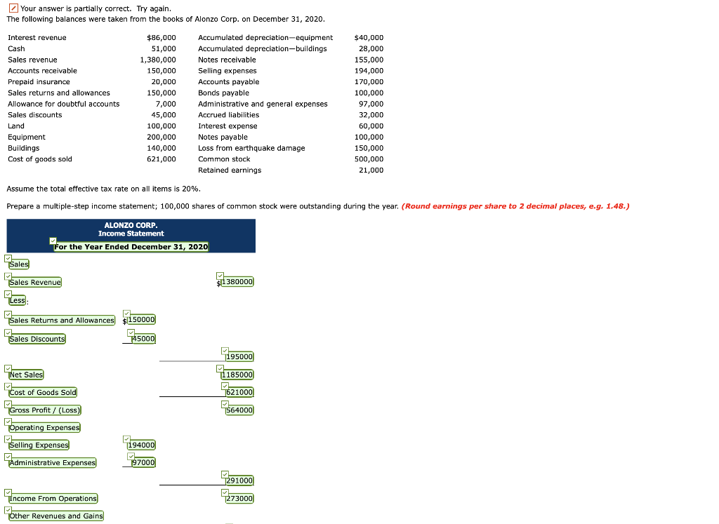 Your answer is partially correct. Try again The following balances were