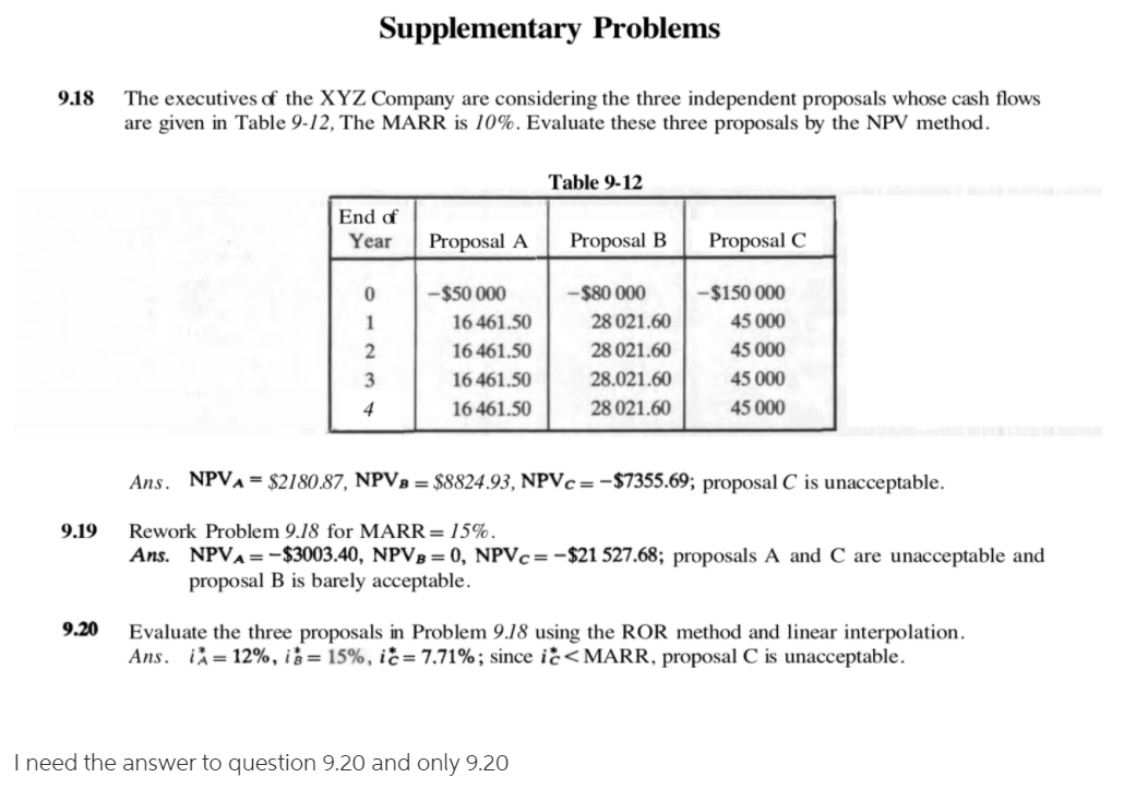 Can you show how to do it without excel. Supplementary Problems 9.18