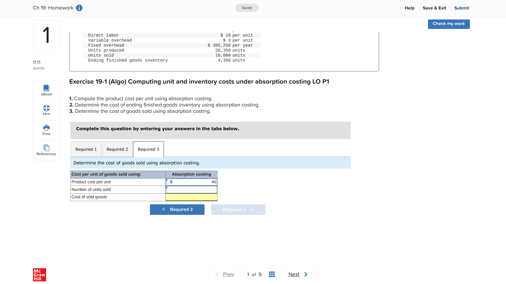 finished goods inventory $16 per unit $3 per unit $305,250 per year