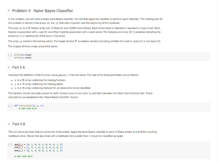 python: errors need help with Problem 5 - Naive Bayes Classifier In