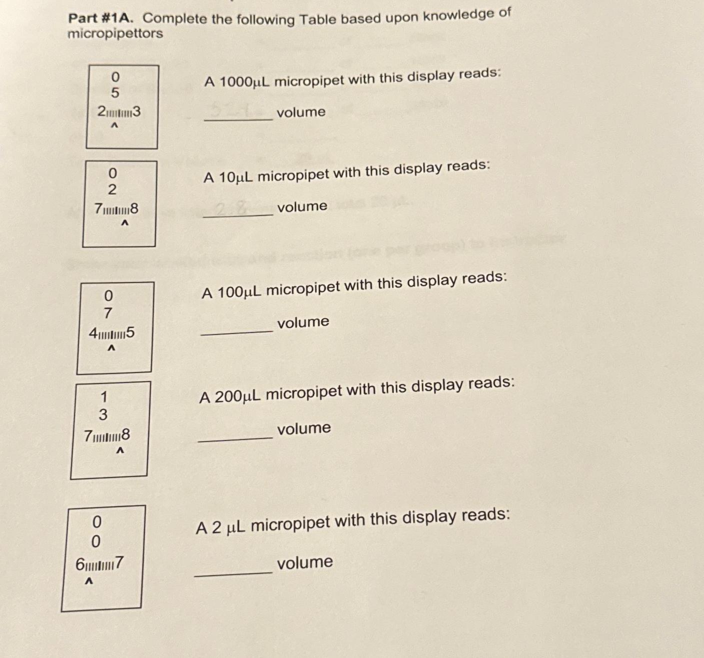  Part #1A. Complete the following Table based upon knowledge of micropipettors