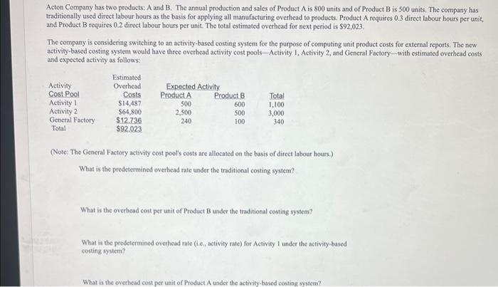 Please answer asap! :) Acton Company has two products: A and B.