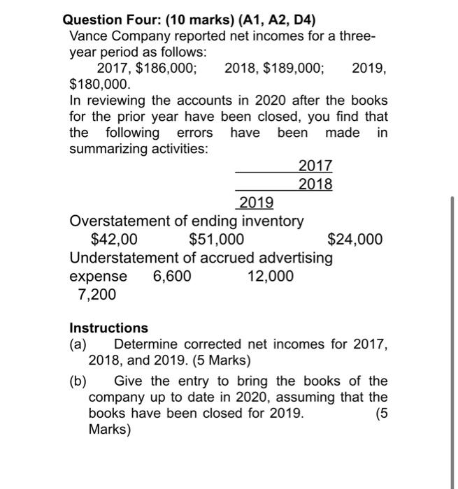  Question Four: (10 marks) (A1, A2, D4) Vance Company reported net
