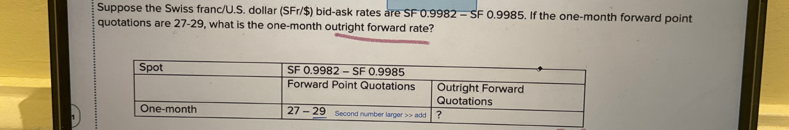  Suppose the Swiss franc/U.S. dollar (SFr/$) bid-ask rates are SF 0.9982-