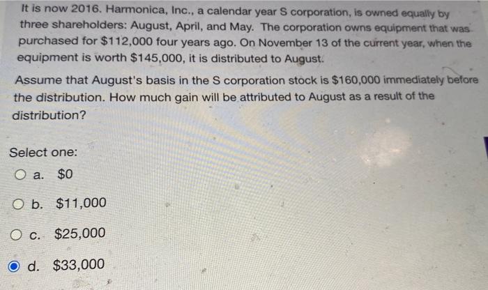  It is now 2016. Harmonica, Inc., a calendar year S corporation,