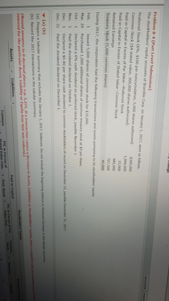 problem 8-4 Problem 8-4 (Part Level Submission) The stockholders' equity accounts of